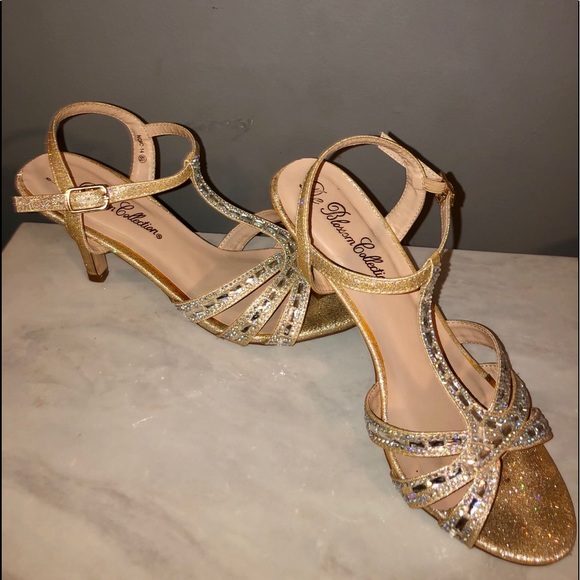 Gold Embellished Kitten Heels. Ankle Strap S 6.5 - Picture 3 of 4
